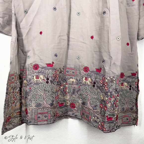 Embroidered Pakistani/Indian Kurta Grey Floral Nature Men's Cotton Daman 2XL - Picture 3 of 5